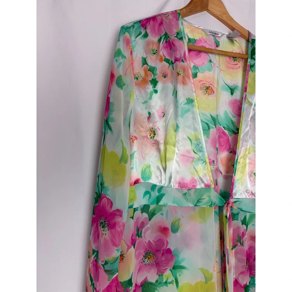 Delicates Vintage Floral Maxi Robe Sheer Chiffon Satin Tie Front Pink XL/XG Soft